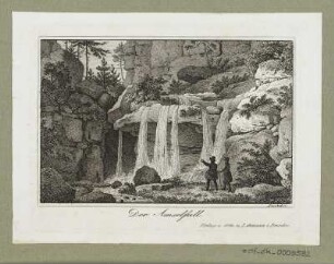 Ansicht vom Amselfall in der Sächsischen Schweiz, Radierung, 1840 : Der Amselfall / Peschek sc. - Dresden : Otto u. Lehmann, [ca. 1840]. - 1 Kunstblatt : Radierung ; 10,9 x 7,2 cm