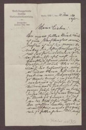 Schreiben von Constantin Fehrenbach, Berlin, an Elisabeth Rosset, Ernennung von Fehrenbach zum Reichskanzler