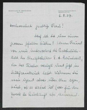 Brief von Bernhard Ercklentz an Margarete Hauptmann