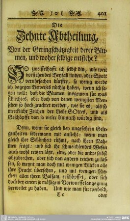 Die Zehnte Abtheilung, Von der Geringschätzigkeit derer Blumen, und woher selbige entstehe?
