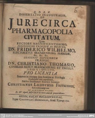 Dissertatio Inauguralis, De Iure Circa Pharmacopolia Civitatum