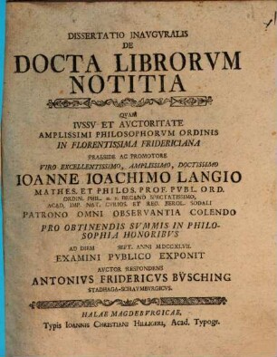 Diss. inaug. de docta librorum notitia