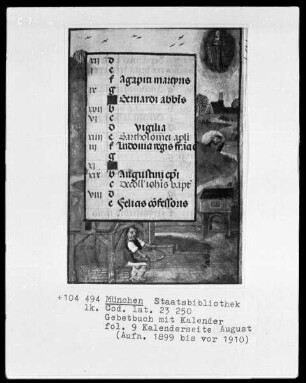 Gebetbuch mit Kalender — Kalenderseite August mit zwei Miniaturen, Folio 9recto