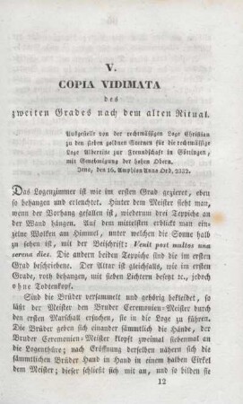 V. Copia Vidimata des zweiten Grades nach dem alten Ritual