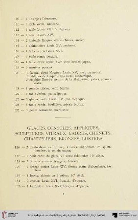 Glaces, consoles, appliques, sculptures, vitraux, cadres, chenets, chandeliers, bronzes, lustres (Nr. 126-157)