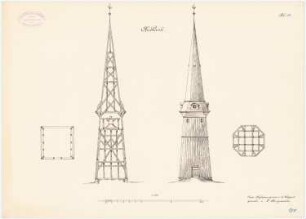 Holzkirche, Kublank: Turm: Ansicht, Schnitt, Grundriss 1:100 (aus: Die Holzkirchen und Holztürme der preußischen Ostprovinzen)