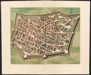 Stadtplan von Lucca, Italien, kolorierter Kupferstich, ca. 1730 : Lucca. - [Amsterdam], s.a. [ca. 1730]. - 1 Plan : Kupferstich ; 40 x 50 cm
