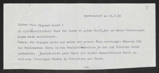 Brief von Gerhart Hauptmann an Sigmund Graff