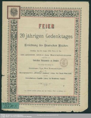 Feier des 20jährigen Gedenktages der Errichtung des Deutschen Reiches ...