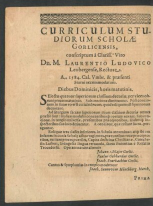 Curriculum Studiorum Scholae Gorlicensis ... M. Laurentio Ludovico ...