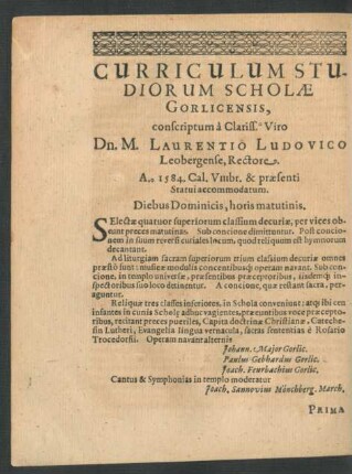 Curriculum Studiorum Scholae Gorlicensis ... M. Laurentio Ludovico ...