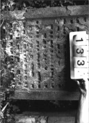 Grabstein 133 (Index: 100110705) Material: Sandstein Zustand: in der oberen Hälfte leicht, in der unteren stark verwittert, einzelne Abschieferungen, geringer Textverlust Maße HxBxT: 121x75x10 cm Beschreibung: Stele, Rundbogenabschluß mit Ohren, Schriftfelder eingetieft: Grabstein 133A