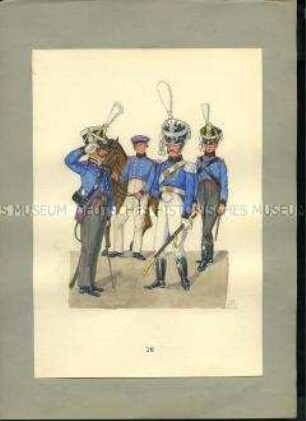 Uniformdarstellung, Korporal, Gemeiner mit Pferd, Offizier in Parade, Gemeiner in Parade, Sachsen, 1810/1811. Veränderte Kopie aus: Abbildung der neu organisierten Königlich-Sächsischen Armee.