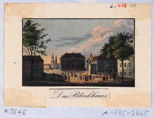 Der Neustädter Markt in Dresden, Blick nach Süden, mit dem Reiterstandbild August des Starken, der Neustädter Wache (Blockhaus) und Blick über die Augustusbrücke auf die Altstadt