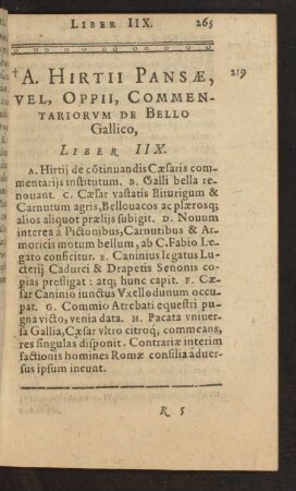 A. Hirtii Pansae, Vel. Oppii, Commentariorum De Bello Gallico, Liber IIX.