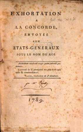 Exhortation à la concorde, envoyée aux états-généraux