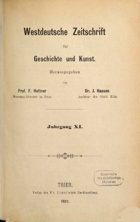 Westdeutsche Zeitschrift für Geschichte und Kunst. 11. 1892