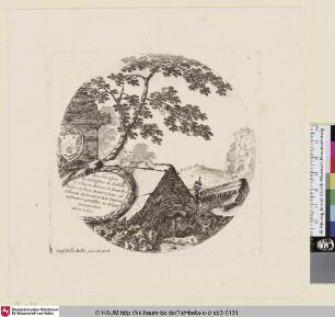 Titelblatt zur Serie "Paysages et ruines de Rome". Titelinschrift auf antiker Ruine umringt von wildernder Natur.