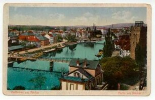 "Partie am Neckar" - Gesamtansicht mit Götzenturm, Eiserner Steg, Neckarbrücke, Badstraße (color)