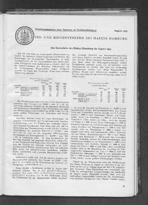Der Seeverkehr des Hafens Hamburg im August 1935