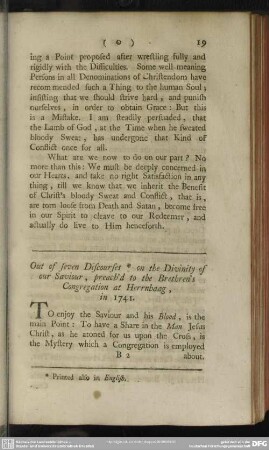 Out of seven Discourses on the Divinity of our Saviour, preach'd to the Brethren's Congregation at Herrnhaag, in 1741