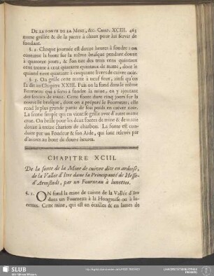 Chapitre XCIII. De la fonte de la Mine de cuivre dite en ardoise, de la Vallée d'Itre dans la Pricipauté de Hesse-d'Armstadt, par un Fourneau à lunettes
