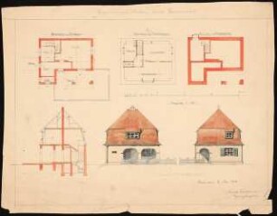 Gartenhaus: 2 Ansichten, Grundrisse KG, EG und Dachgeschoss, Schnitt, 1:100, Maßstabsleiste