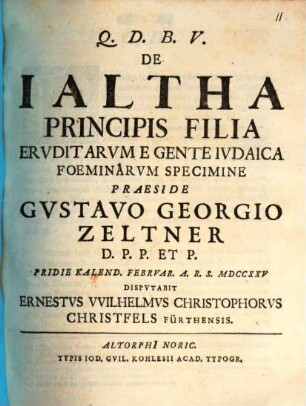 De Ialtha principis filia, eruditarum e gente Iudaica foeminarum specimine