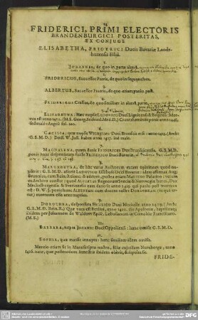 Friderici, Primi Electoris Brandenburgici Posterizas, Ex Coniuge ...