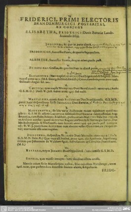 Friderici, Primi Electoris Brandenburgici Posterizas, Ex Coniuge ...