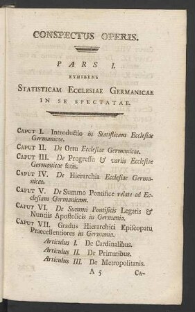 Conspectus Operis. Pars I. Exhibens Statisticam Ecclesiae Germanicae In Se Spectatae