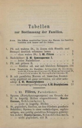 Tabellen zur Bestimmung der Familien