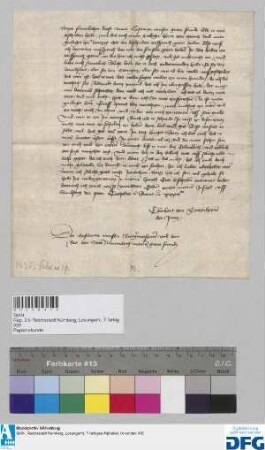 Eberhart von Tottenheym jun. teilt der Stadt Nürnberg mit, dass er den Schiedsspruch der Räte des Erzbischofs von Mainz und des Herzogs Otto ablehne und erbietet sich zu Recht vor Graf Hanns von Wertheym.