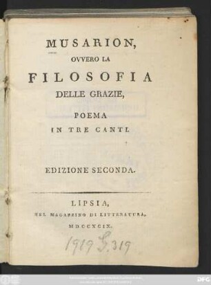 Musarion, Ovvero La Filosofia Delle Grazie : Poema In Tre Canti