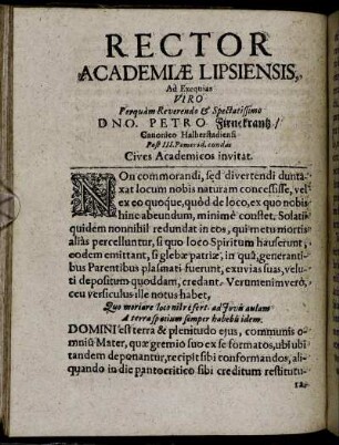 Rector Academiæ Lipsiensis, Ad Exequias Viro [...] Dno. Petro Firnekrantz [...] invitat.