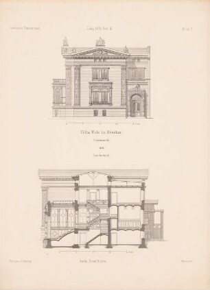 Villa Welz, Breslau: Seitenansicht, Schnitt (aus: Architektonisches Skizzenbuch, H. 114/3, 1872)