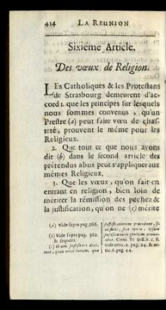 Sixiéme Article. Des voeux de Religion.