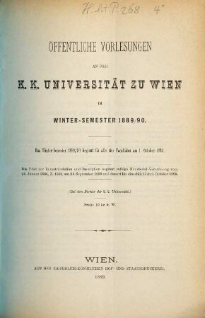 Vorlesungsverzeichnis. 1889/90. WS