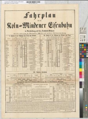 Fahrplan für die Köln-Mindener Eisenbahn in Verbindung mit den Anschluß-Bahnen für die Zeit vom 21. November 1855 bis auf weitere Bekanntmachung. Druck von M. DuMont-Schauberg in Köln