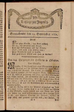 39. Beylage zur Jugendz. Sonnabends den 29. September 1781