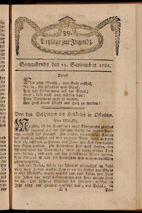 39. Beylage zur Jugendz. Sonnabends den 29. September 1781
