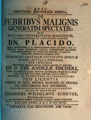 Disp. inaug. med. de febribus malignis generatim spectatis