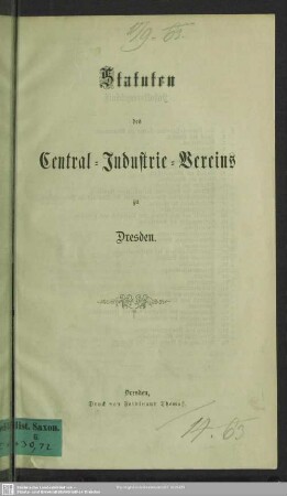 Statuten des Central-Industrie-Vereins zu Dresden