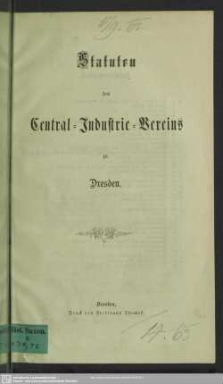 Statuten des Central-Industrie-Vereins zu Dresden
