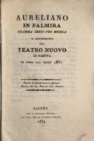 Aureliano in Palmira : Dramma serio per musica