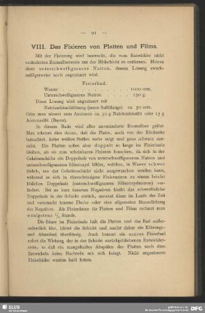 VIII. Das Fixieren von Platten und Films