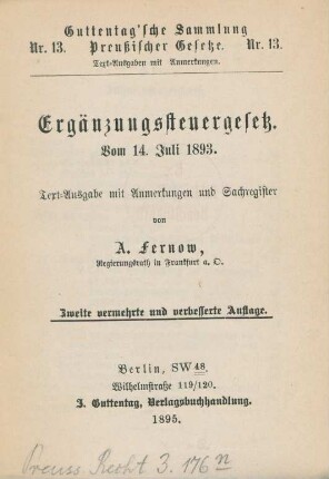 Ergänzungssteuergesetz : vom 14. Juli 1893 ; Textausgabe mit Anmerkungen und Sachregister