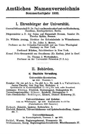 Amtliches Namenverzeichnis Sommerhalbjahr 1932.