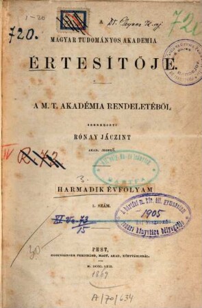 Magyar Académiai értesítő. 3. 1869