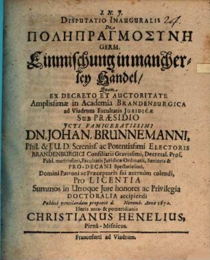 Disp. inaug. de polypragmosynē, Germ. Einmischung in mancherley Händel